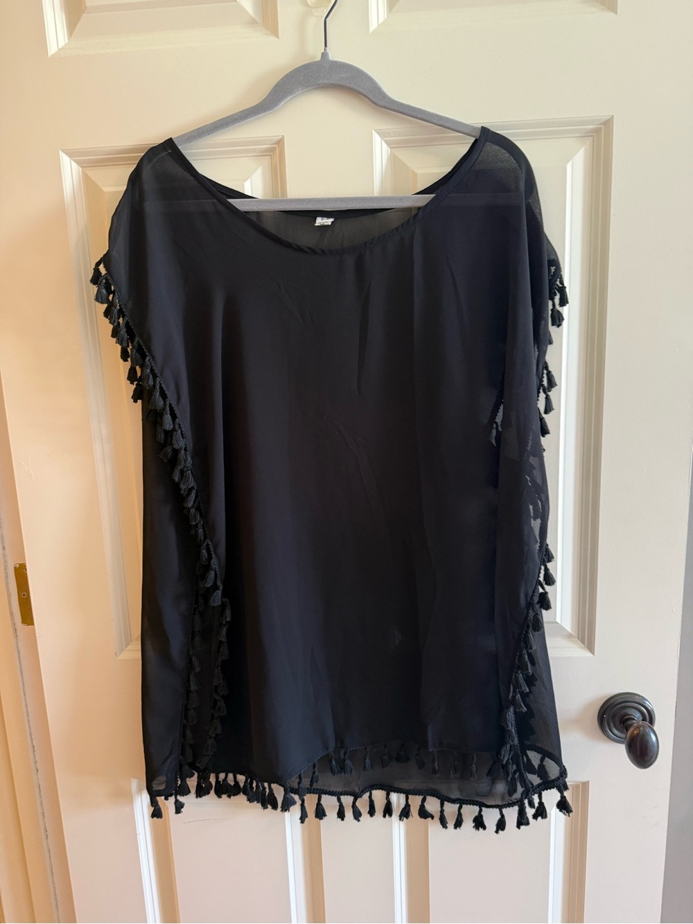 Black Tassel-Trim Swim Coverup